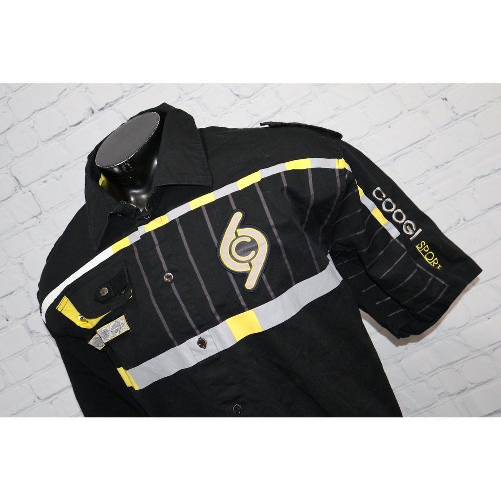 Coogi Sport Button Down Mens 3XL Black Embroidered Stripe Short Sleeve Shirt **